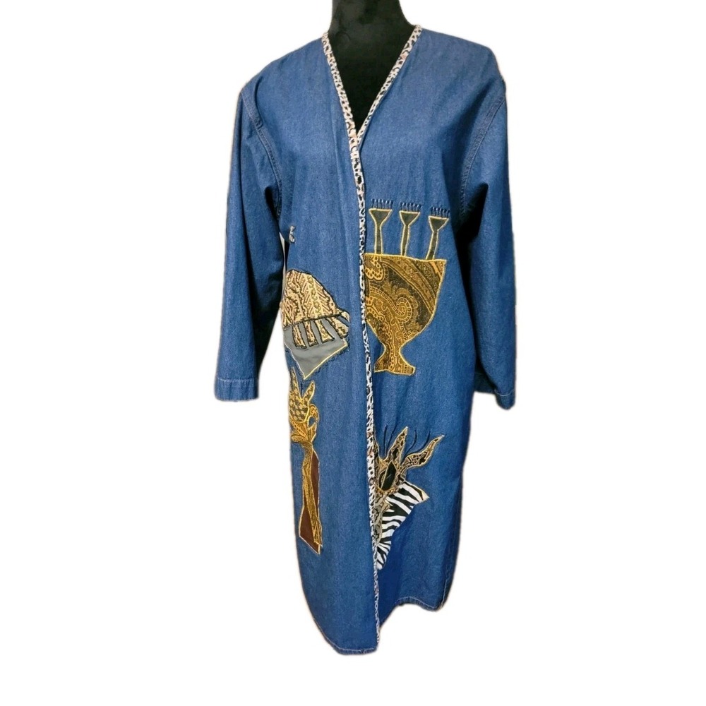 Vintage Pnina Woman African Long Denim Duster Open Front Folk Art Made In India - Picture 2 of 15